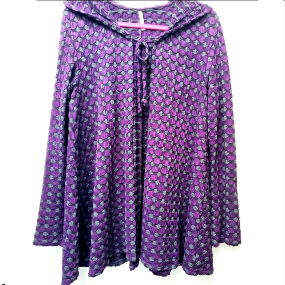 Nyah Purple Gray Geometric Textured Hooded Open Cardigan Lagenlook Size …